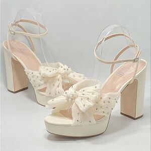 Loeffler Randall Natalia Crystal-Embellished Bow Platform Sandals size 10.5